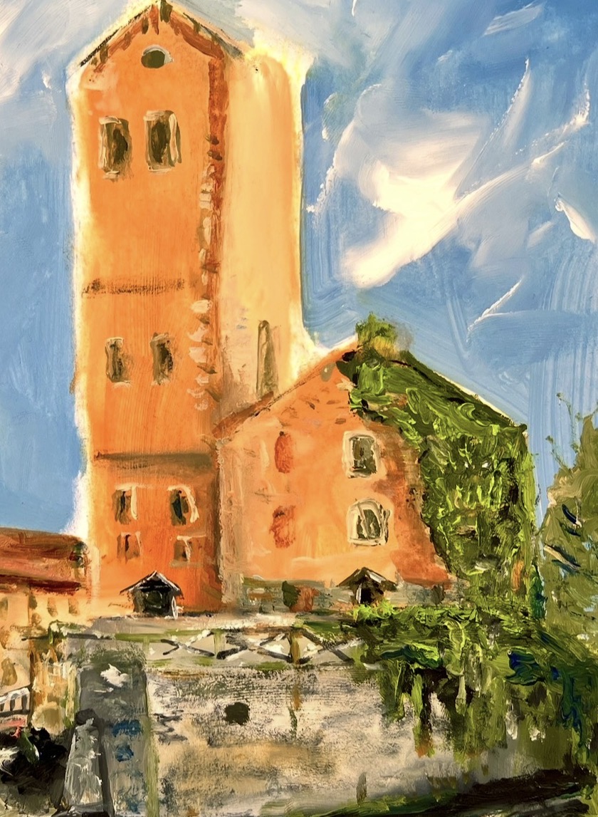 Detail of Radomysl Castle painting by Marina Stognieva, tower, architecture and oil painting texture